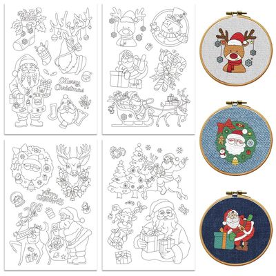 Peacoblue Water Soluble Embroidery Patterns for Beginners, Santa Claus, Reindeer 4 Sheets with 27pcs for Christmas Xmas, Wash Away Embroidery Pattern Stabilizer for Hand Sewing Lover Women Adults