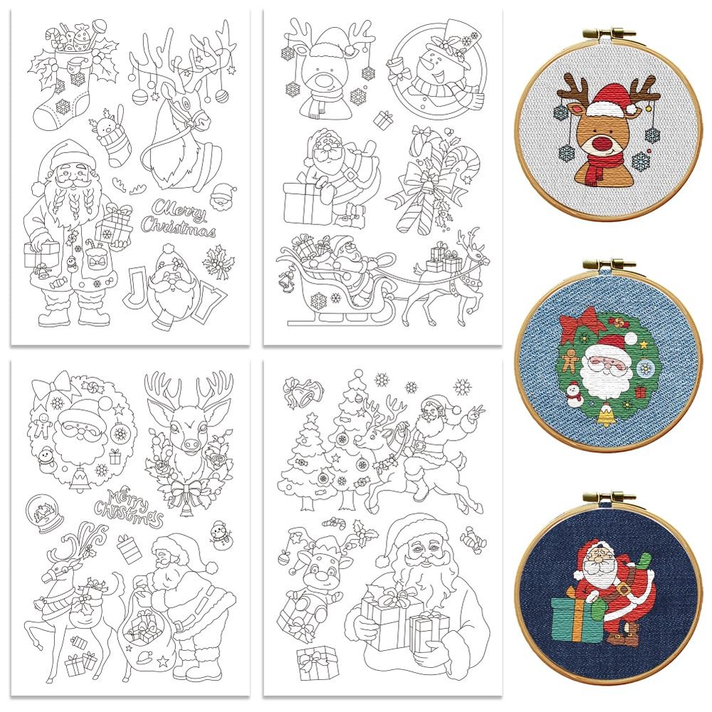 Peacoblue Water Soluble Embroidery Patterns for Beginners, Santa Claus, Reindeer 4 Sheets with 27pcs for Christmas Xmas, Wash Away Embroidery Pattern Stabilizer for Hand Sewing Lover Women Adults