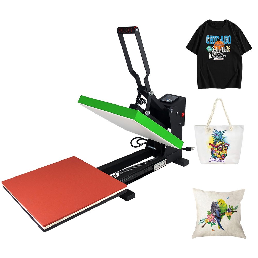 Heat Press Machine 15x15 Inch with Slide Out Drawer, LCD Control Panel and Adjustable Pressure Suitable for Businesses, Professional and Home use (Green)