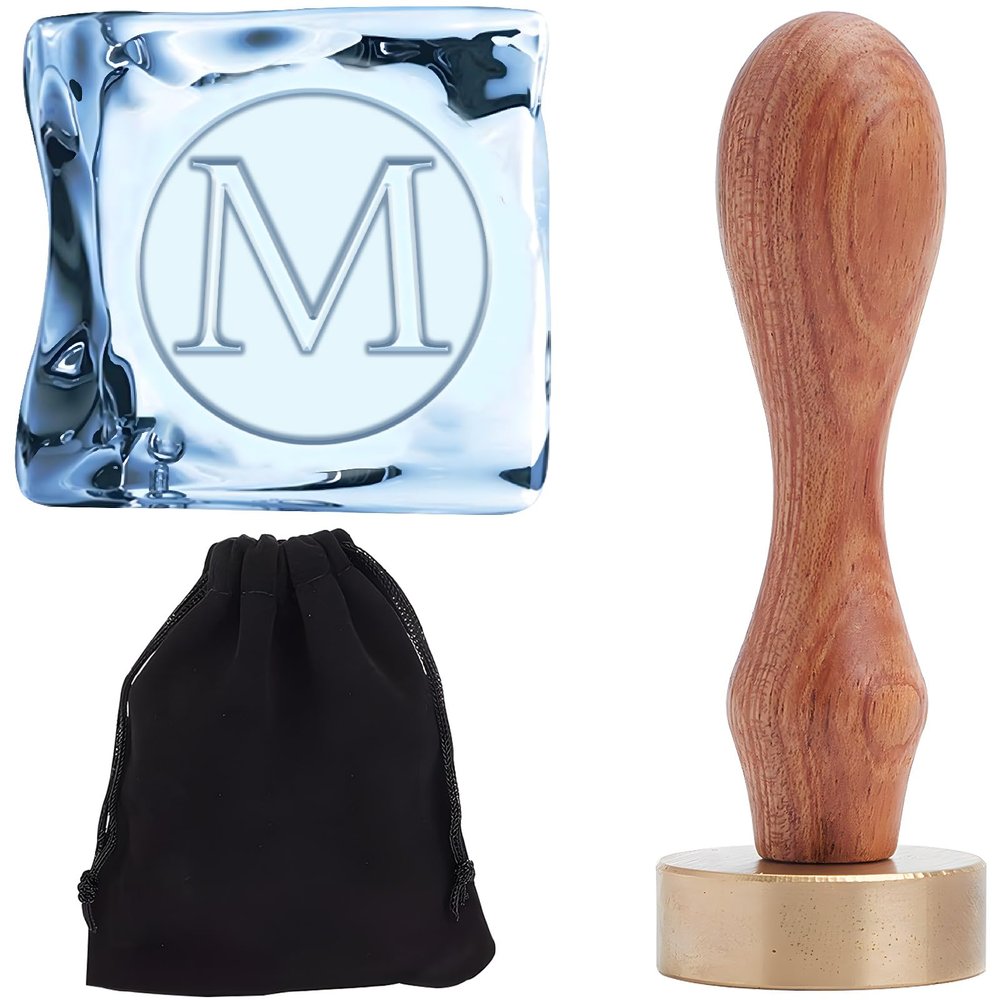 CRASPIRE Letter Ice Stamp 1.2 Inch Initial Alphabet M Ice Press Stamps Ice Branding Stamp Cocktail Wooden Handle Removable Brass Head for Party Events Holiday Whisky Mojito Drink Making DIY Craft