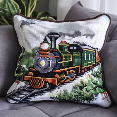 Kitquiver latch hook craft kits Cartoon train Needlepoint Pillow Kit landscape Latch Hook Kits Pillow DIY Handmade Cushion Crochet Yarn Embroidery Latch Kit Pillowcase 43x43cm, 564S313T