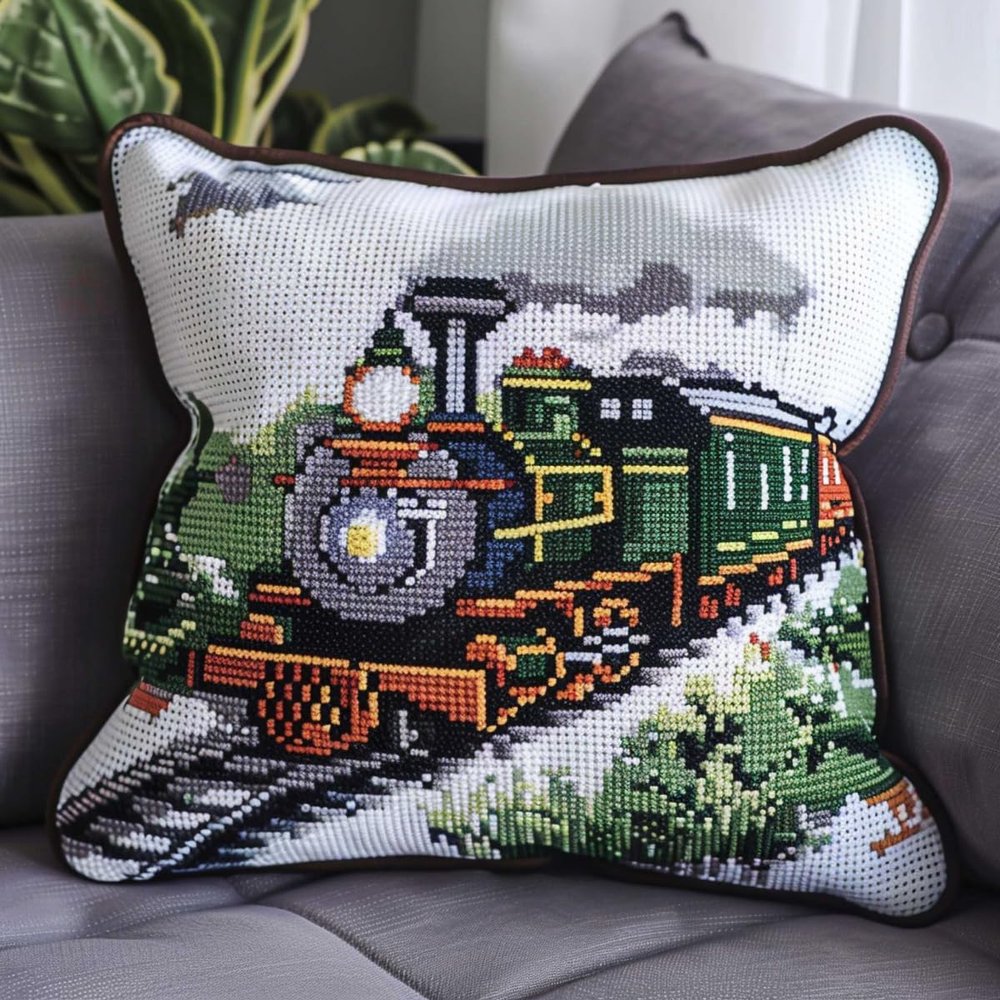 Kitquiver latch hook craft kits Cartoon train Needlepoint Pillow Kit landscape Latch Hook Kits Pillow DIY Handmade Cushion Crochet Yarn Embroidery Latch Kit Pillowcase 43x43cm, 564S313T