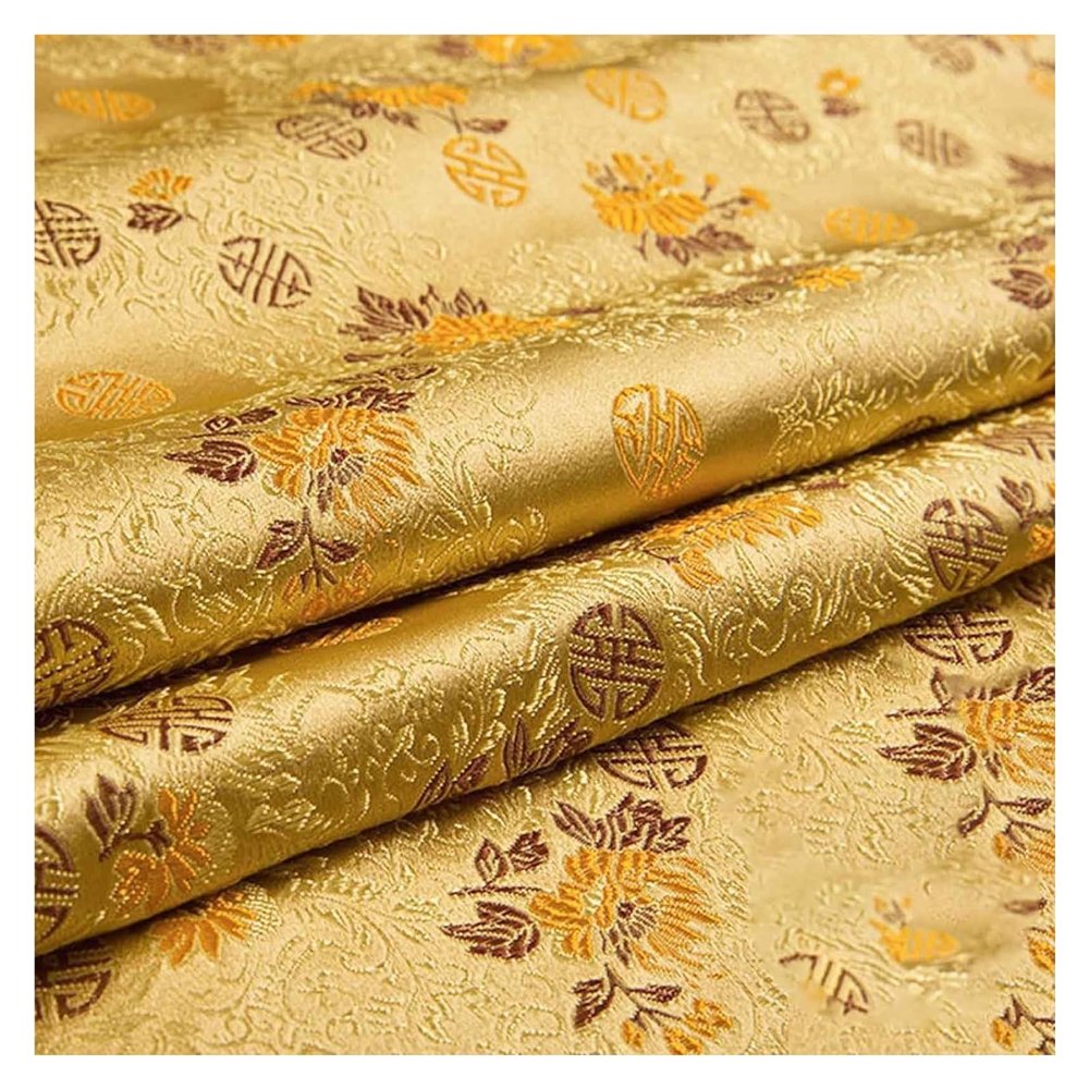 Chinese Brocade Dress Fabric,Floral Fabric, Beautiful Flowers Auspicious Symbol Round Reunion Chinese Style Mahogany Furniture Cushion Antique Cheongsam Handmade Cloth 75X50cm(Gold)
