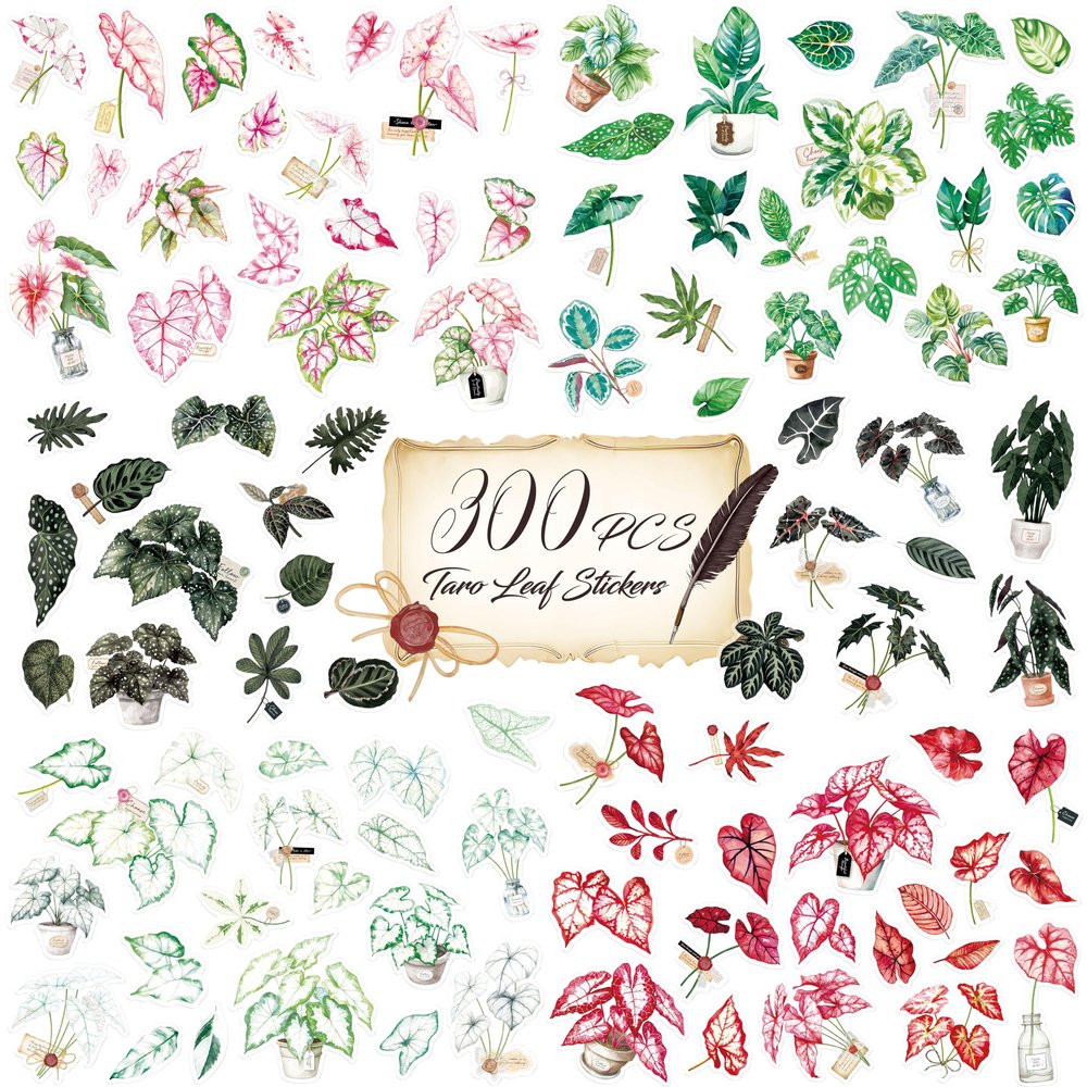 300 PCS PVC Taro Leaf Stickers, Self-Adhesive PVC Greenery Stickers Nature Plant Decals for Scrapbook, Laptop, Journal, DIY Project, Spring Themed Party Decors