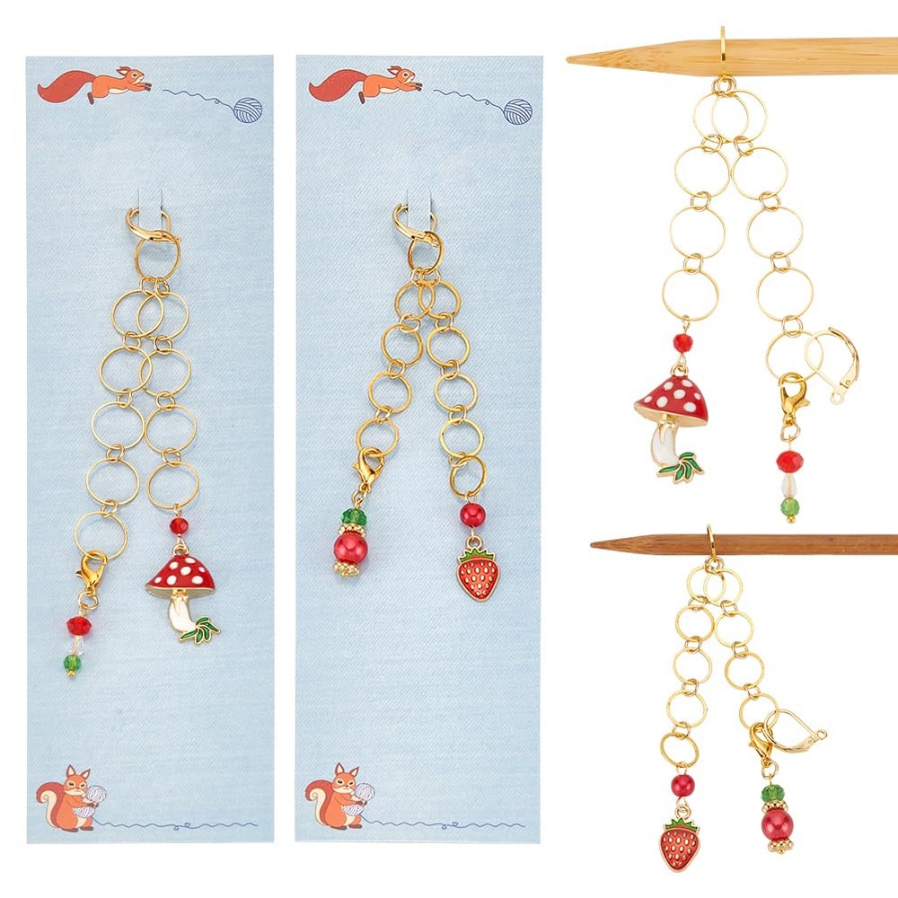 NBEADS 2 Pcs Mushroom/Strawberry Knitting Row Counter Chains, 2 Pcs Beaded Stitch Markers Row Counting Accessories with Iron Linking Ring for Sewing Knitting Crochet Tracking