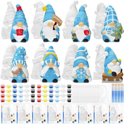 PullCrease 8 Pcs Winter Gnome Ceramics to Paint Ready to Your Own Ceramic Statues DIY Unpainted Paintable Figurines Kit Crafts with Brush Palette for Boys Girls