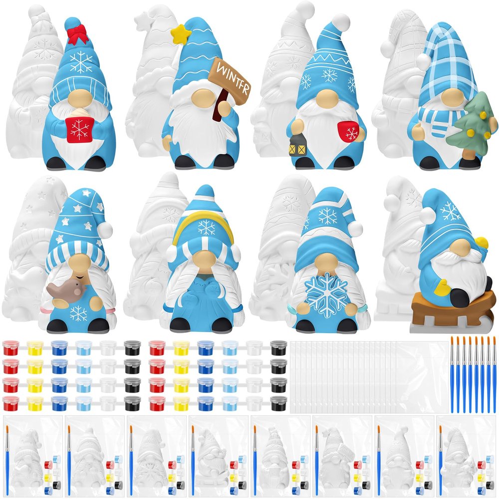 PullCrease 8 Pcs Winter Gnome Ceramics to Paint Ready to Your Own Ceramic Statues DIY Unpainted Paintable Figurines Kit Crafts with Brush Palette for Boys Girls