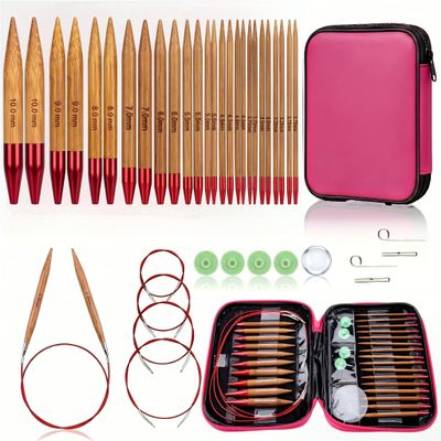 Eatbuy Bamboo Circular Knitting Needles Set, 13 Sizes Interchangeable Carbonized Bamboo Needles (2.75mm-10mm), Crochet Needle with Flexible Cables Storage Bag for DIY Handmade Knitting Projects