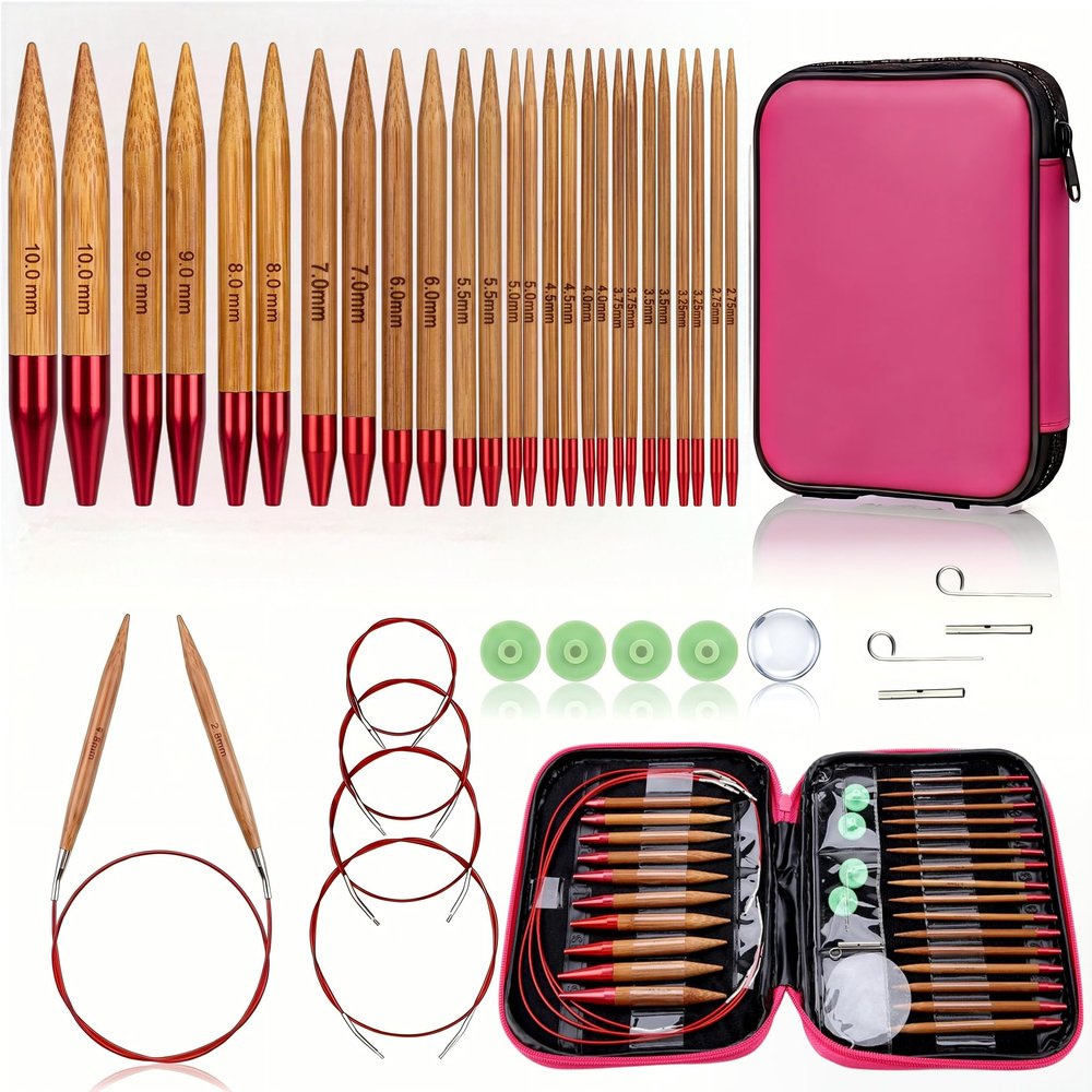 Eatbuy Bamboo Circular Knitting Needles Set, 13 Sizes Interchangeable Carbonized Bamboo Needles (2.75mm-10mm), Crochet Needle with Flexible Cables Storage Bag for DIY Handmade Knitting Projects