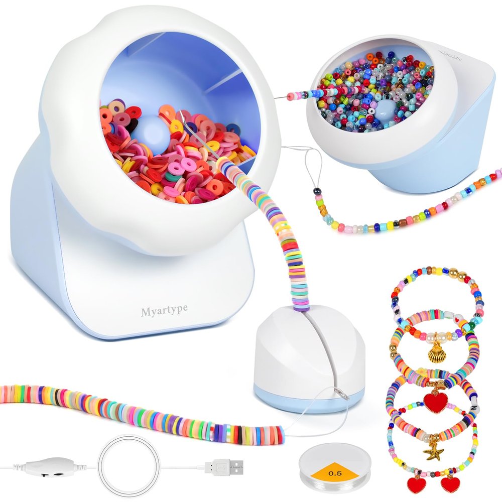 Clay Bead Spinner, Electric Bead Spinner for Jewelry Making, Bracelet Spinner and Necklace Making Machine with Bead Needles and Thread, Seed Bead Spinner, Clay Bead Bracelet Spinner (Blue), (No Beads)