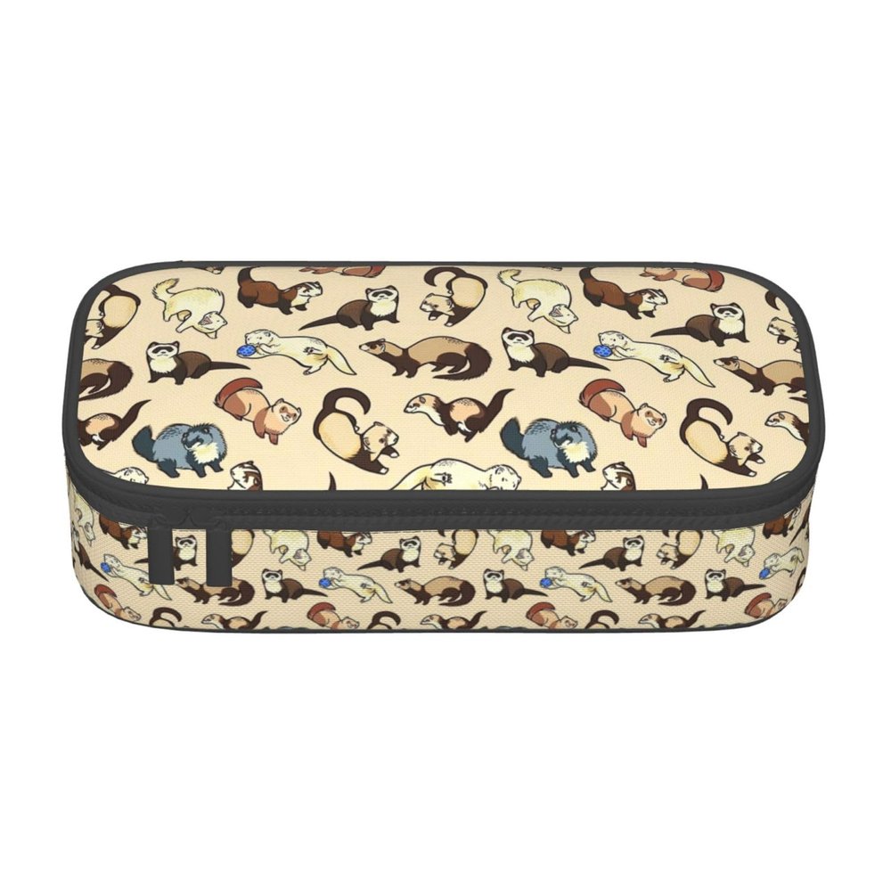 QHWLR Hairy Ferret print Pencil Case Large Capacity Pen Pouch for interlayer Adults Cosmetic Bag Supplies , Black