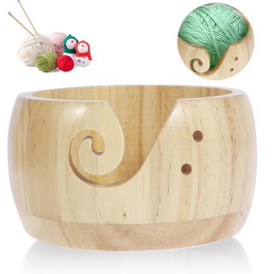 Abizarch Wooden Yarn Bowl Round Crochet Bowl Holder with Holes Pine Knitting Yarn Bowls Wooden Weaving Thread Bowl with Lid Portable Yarn Storage Bowl for DIY Knitting Crafts 5.9x5.9x3 inch