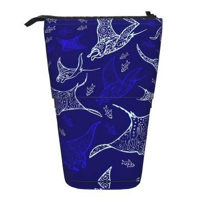 DRTGEDS Manta Ray and Fish Standing Stationery Bag telescopic Pen Pouch Holder Makeup Organizer,Pencil Case
