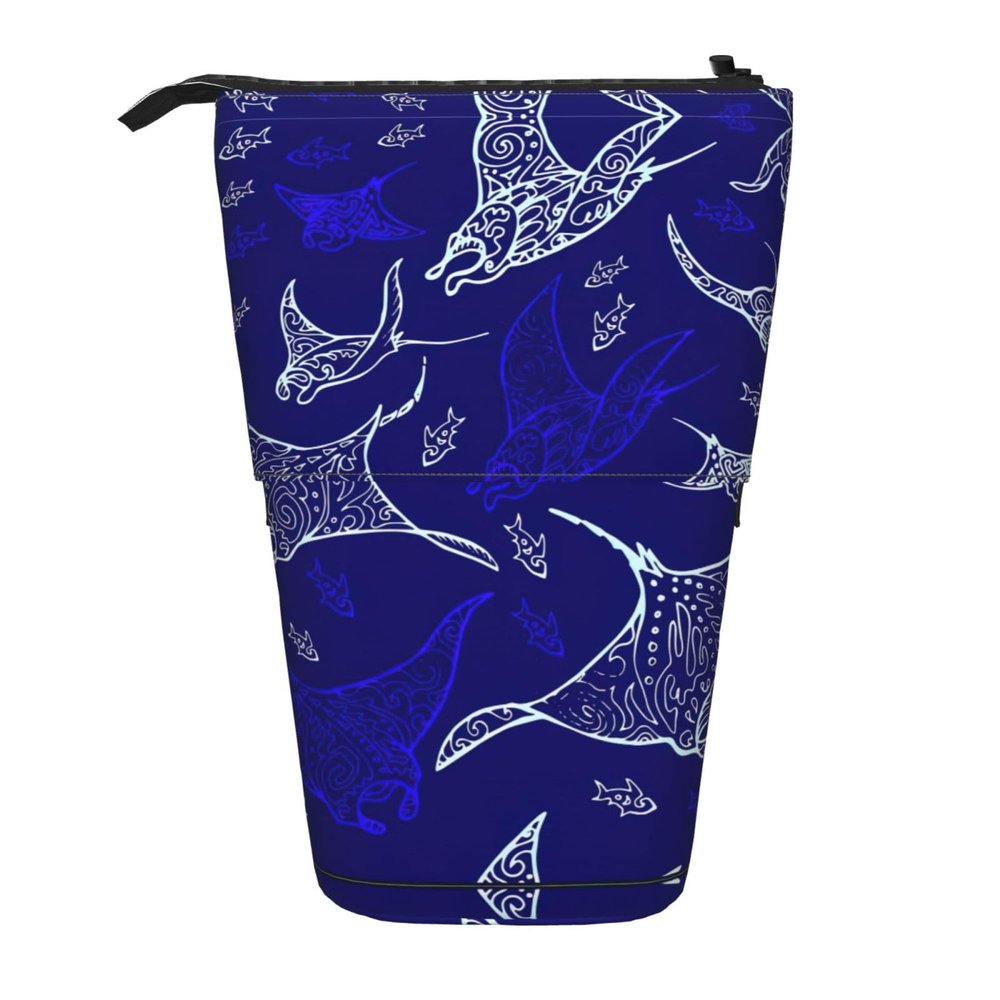 DRTGEDS Manta Ray and Fish Standing Stationery Bag telescopic Pen Pouch Holder Makeup Organizer,Pencil Case