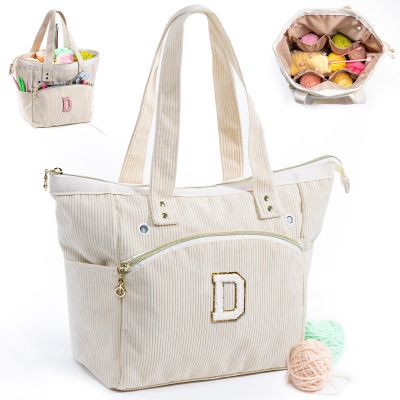 Initial Personalized Crochet Tote - Corduroy Yarn Storage - Yarn Holder & Crochet Organizer for Hooks & Accessories - Project Bag