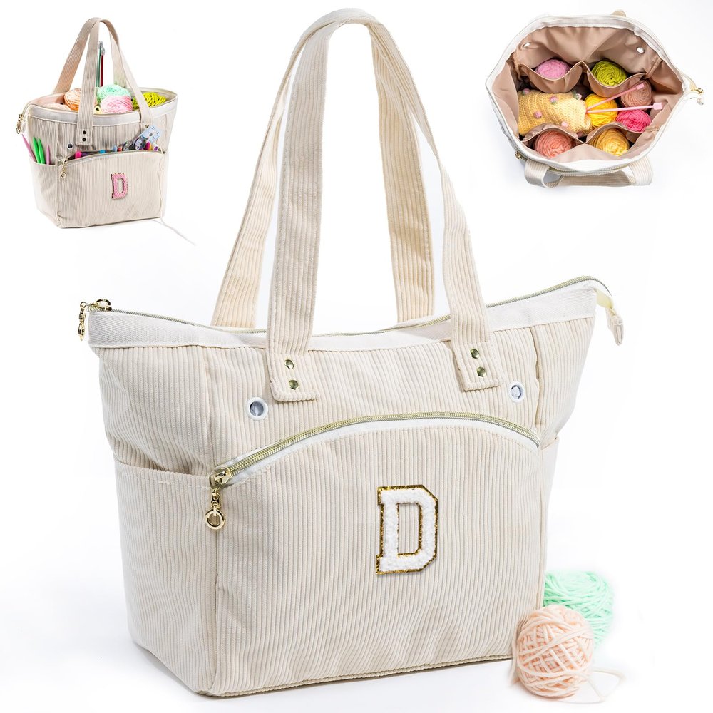 Initial Personalized Crochet Tote - Corduroy Yarn Storage - Yarn Holder & Crochet Organizer for Hooks & Accessories - Project Bag