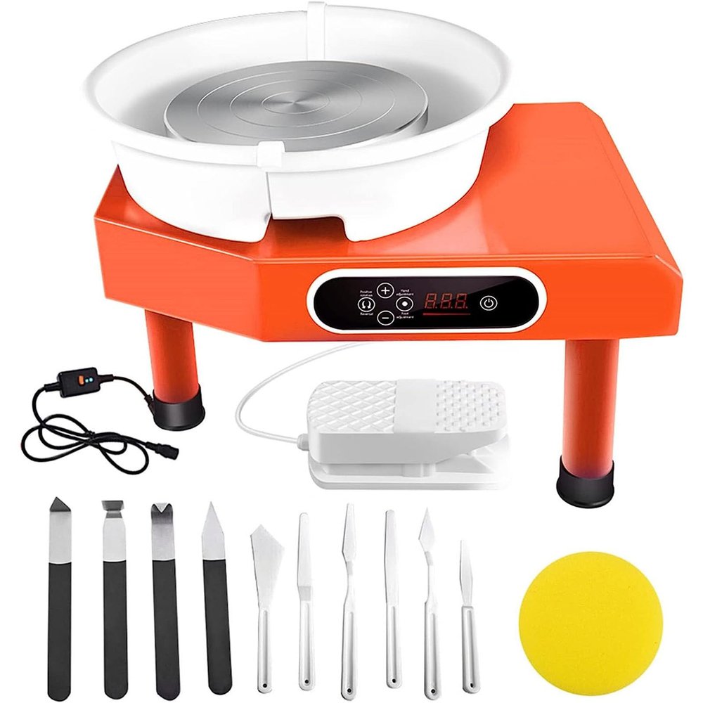 Pottery Wheel Forming Machine with Ball Stylus, 25cm 350W Electric Pottery Wheel Machine Clay Ceramic Shaping Art DIY Work Tool Kit with Independent Pedal,Orange
