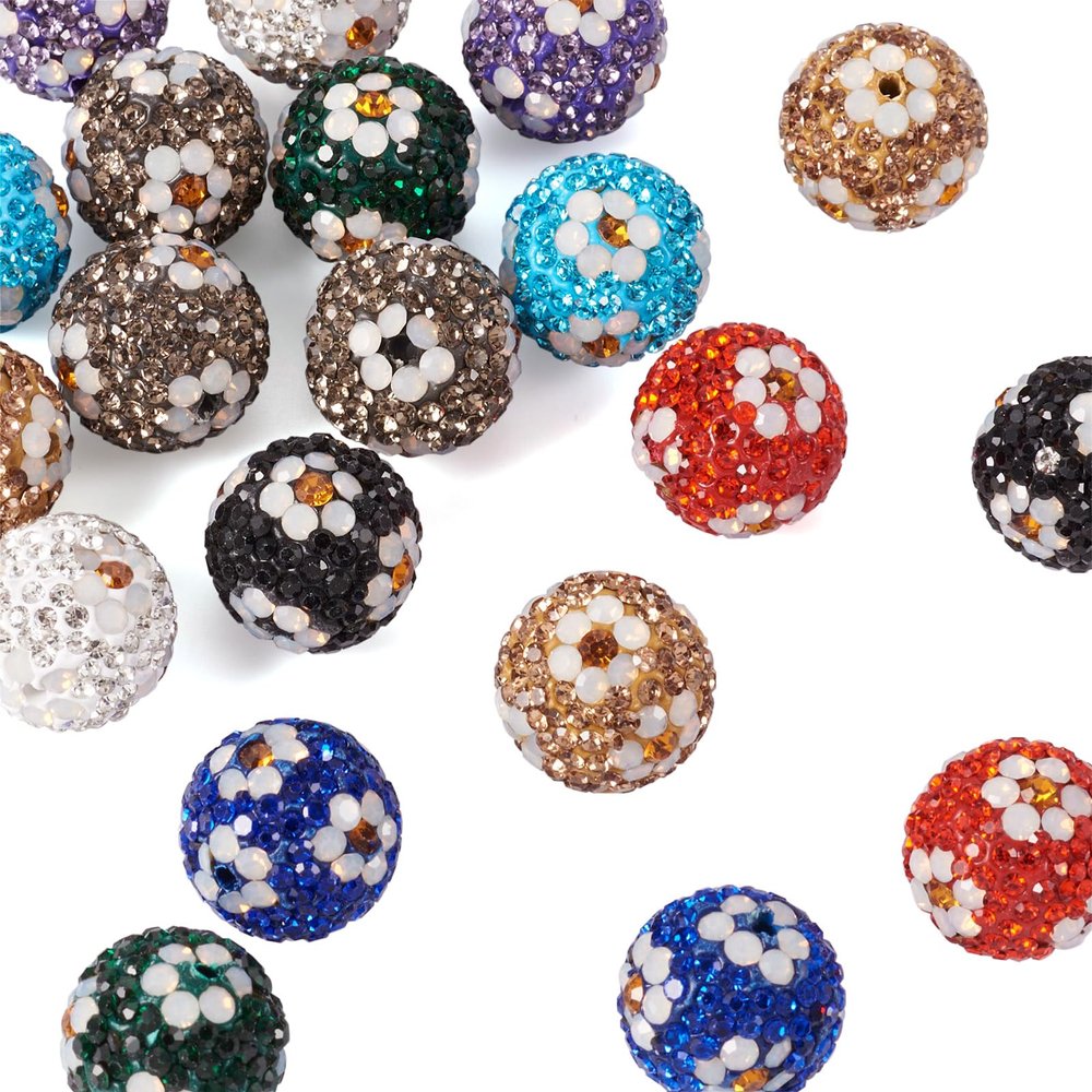 16mm Rhinestone Beads for Jewelry Making, Craftdady 20pcs Polymer Clay Pave Disco Ball Chunky Bubblegum Glitter Glass Crystal Round with Flower Spacer Bead for DIY Earring Bracelets Hang Ornament