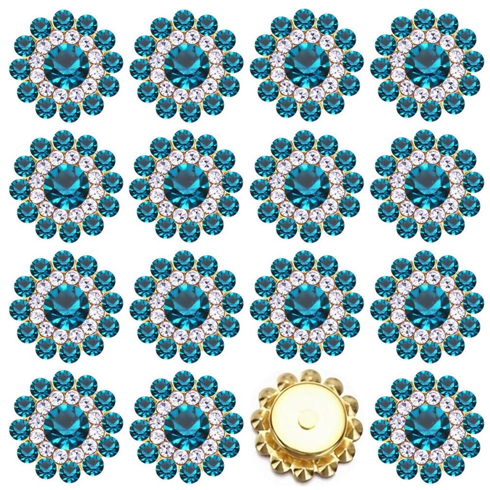 100PCS 14MM Sew on Rhinestones Gems, Flower Gold Claw Rhinestones Glass Crystals Jewelry for Crafting Sewing Clothes Dresses Shoes Belt Decoration Accessories (Turquoise)