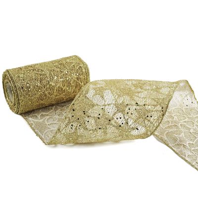 MEEDEE 6 Inch Wide Wired Ribbon Gold Glitter Mesh Web Wired Edge Ribbon By 10 Yards Roll Gold Mesh Wired Ribbons for Christmas Tree, Garland, Holiday Crafts, Wreaths, Bows, Centerpiece, Gift Wrapping