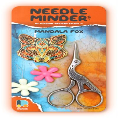 Awesome Pattern Studio Needle Minder Set - Mandala Fox Magnetic Needle Minder + 2 Needle Threaders. Enamel Pin for Cross Stitch, Embroidery and Craft