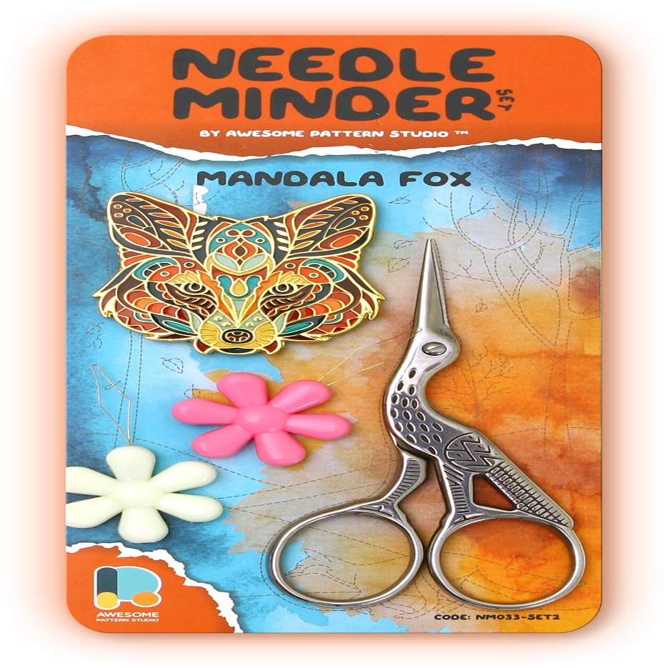 Awesome Pattern Studio Needle Minder Set - Mandala Fox Magnetic Needle Minder + 2 Needle Threaders. Enamel Pin for Cross Stitch, Embroidery and Craft