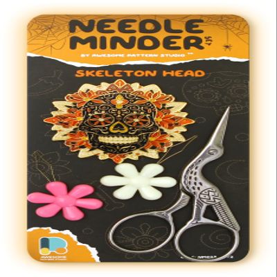 Awesome Pattern Studio Needle Minder Set - Skeleton Head Magnetic Needle Minder + 2 Needle Threaders + Crane Scissors. Enamel Pin for Cross Stitch, Embroidery and Craft