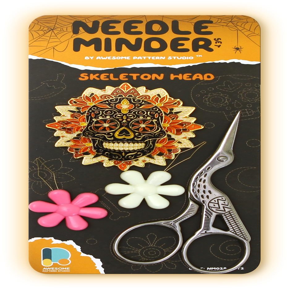 Awesome Pattern Studio Needle Minder Set - Skeleton Head Magnetic Needle Minder + 2 Needle Threaders + Crane Scissors. Enamel Pin for Cross Stitch, Embroidery and Craft
