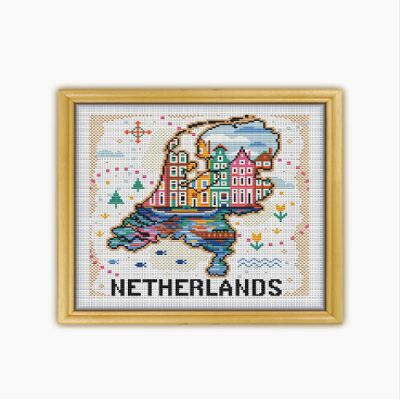 Netherlands Singel Amsterdam Map CS2576 - Counted Cross Stitch KIT#2. Set of Threads, Needles, AIDA Fabric, Needle Threader, Embroidery Clippers and Printed Color Pattern Inside.
