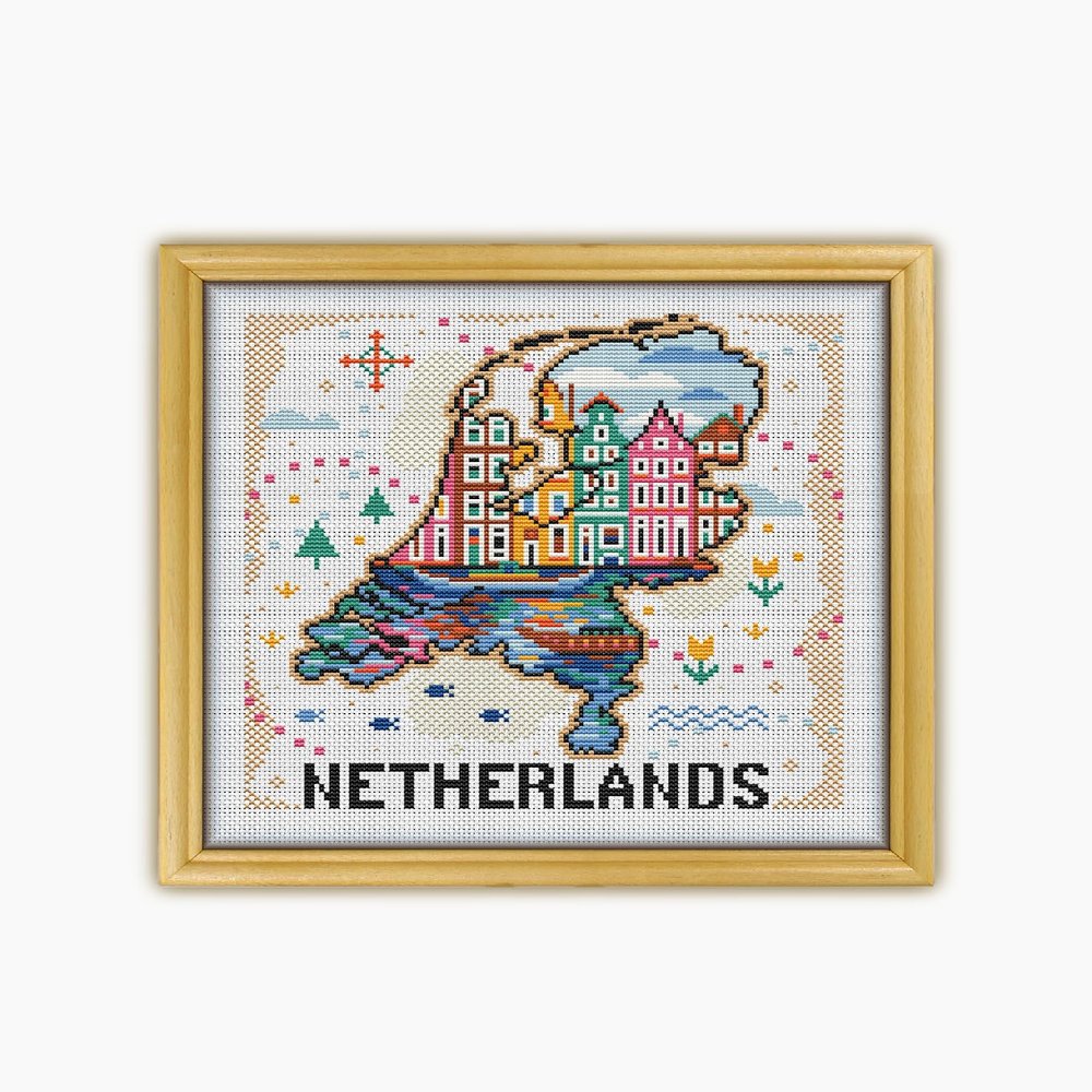 Netherlands Singel Amsterdam Map CS2576 - Counted Cross Stitch KIT#2. Set of Threads, Needles, AIDA Fabric, Needle Threader, Embroidery Clippers and Printed Color Pattern Inside.