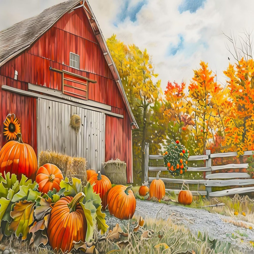 IMLQJES 5D Diamond Painting Kit for Adults - Pumpkin Fall Barn Scene - Fall DIY Diamond Square Diamond Art Kit - Thanksgiving Art for Home Wall Decor 16x20 Inch