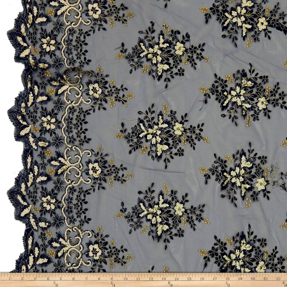 Rowley Sequin Embroidered Mesh Fabric. Lace Netting Material - 52 Inch in Width | Home Decor Navy/Gold Cut by The Yard