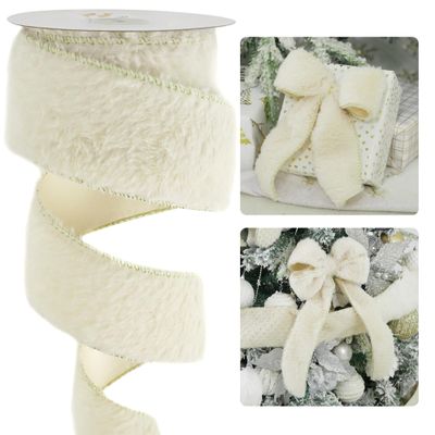 HUIHUANG Ivory Faux Fur Wired Ribbon 2.5 inch Ivory Fur Wire Ribbon for Christmas Tree, Gift Wrapping, Bows, Wreaths, Garland, Swags, DIY Crafts, Home Decor- Continuous 10 Yards