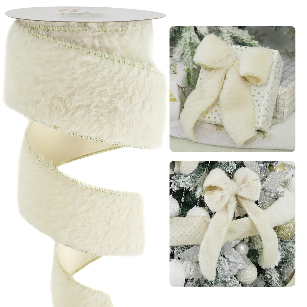 HUIHUANG Ivory Faux Fur Wired Ribbon 2.5 inch Ivory Fur Wire Ribbon for Christmas Tree, Gift Wrapping, Bows, Wreaths, Garland, Swags, DIY Crafts, Home Decor- Continuous 10 Yards