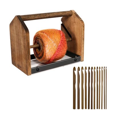 J JACKCUBE DESIGN Wooden Yarn Holder with Storage Tray and 12 Crochet Hooks, Anti-Slip Yarn Dispenser for Knitting & Crochet, Portable Organizer for Craft Supplies(Black) - MK1310A