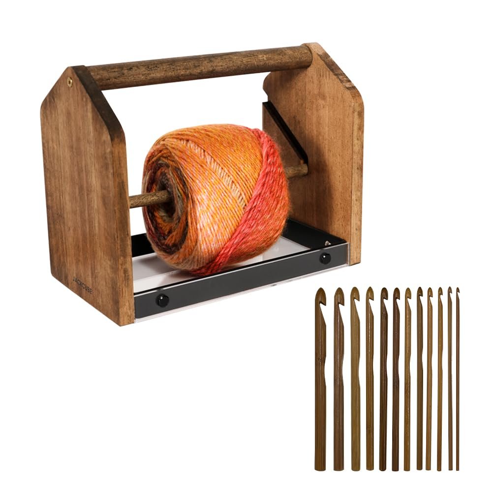 J JACKCUBE DESIGN Wooden Yarn Holder with Storage Tray and 12 Crochet Hooks, Anti-Slip Yarn Dispenser for Knitting & Crochet, Portable Organizer for Craft Supplies(Black) - MK1310A