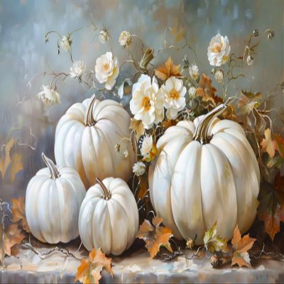 DIY Diamond Painting Kits for Adults - White Pumpkins Flowers Fall Diamond Art Kits 5D Paintings with Diamond Full Drill Square Gem Art - for Thanksgiving Room Decor and Gift 16x20 Inch
