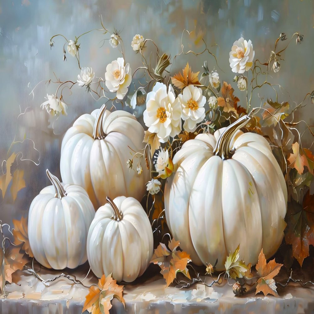 DIY Diamond Painting Kits for Adults - White Pumpkins Flowers Fall Diamond Art Kits 5D Paintings with Diamond Full Drill Square Gem Art - for Thanksgiving Room Decor and Gift 16x20 Inch