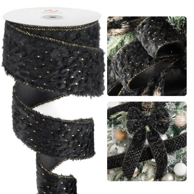HUIHUANG Black and Gold Christmas Tree Ribbon Black Faux Fur Wired Ribbon with Gold Polka Dot, for Bows Making, Wreaths, Garlands, Gift Wrapping, Home Decor- 2-1/2" X 10 Yards