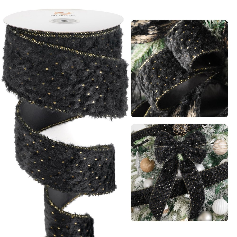 HUIHUANG Black and Gold Christmas Tree Ribbon Black Faux Fur Wired Ribbon with Gold Polka Dot, for Bows Making, Wreaths, Garlands, Gift Wrapping, Home Decor- 2-1/2" X 10 Yards