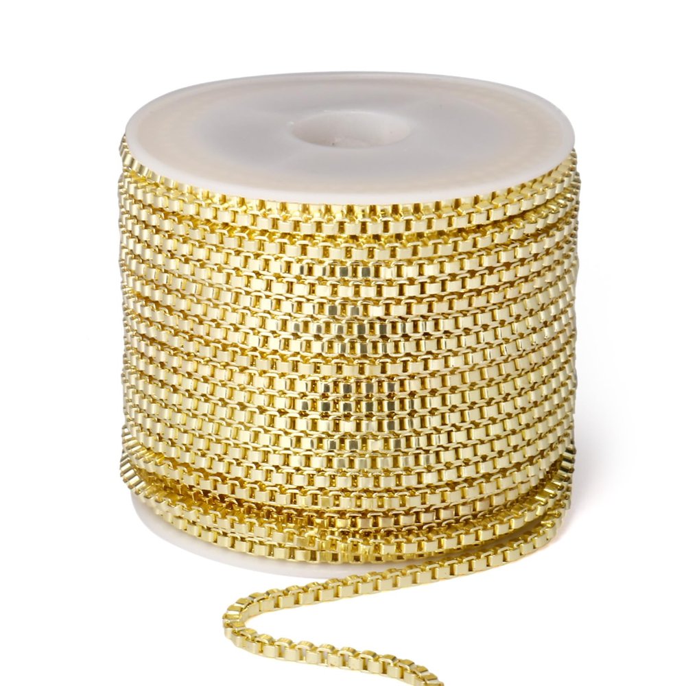 [33 FT] Gold Box Chains Roll, 2mm Wide 14K Gold Plated Brass Box Chains Spool Bulk for Jewelry Making