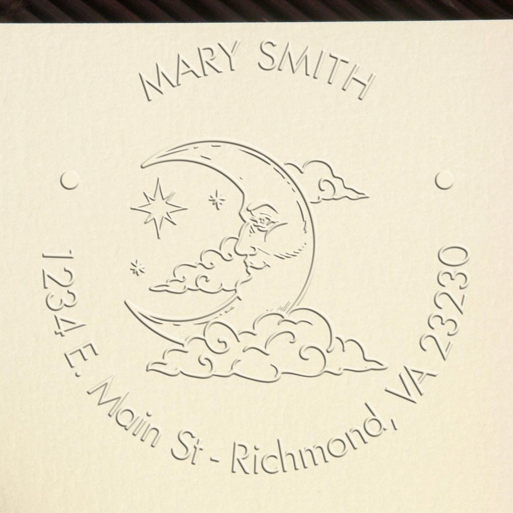 Personalized Mail Embossing Seal - Custom Name and Address Embossing Stamp, Soft Alluring Moon Design, Easy to Use, Ideal for Symbolism Scholars, 1-5/8 Round Imprint - Custom Envelope Embossing Tool