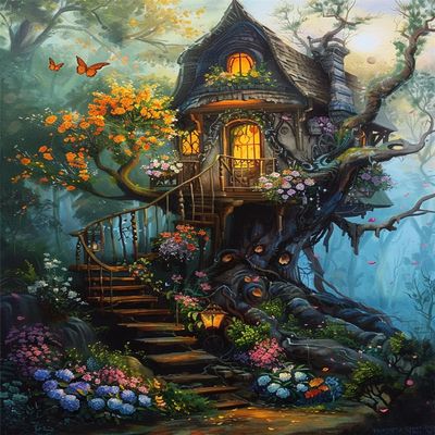 Walluminati Cross Stitch Stamped Kits Full Range of Embroidery Starter Kits for Beginners DIY 11CT Preprinted Cross Stitch Embroidery Patterns Needlepoint Kits(Beautiful Tree House,16x20inch)