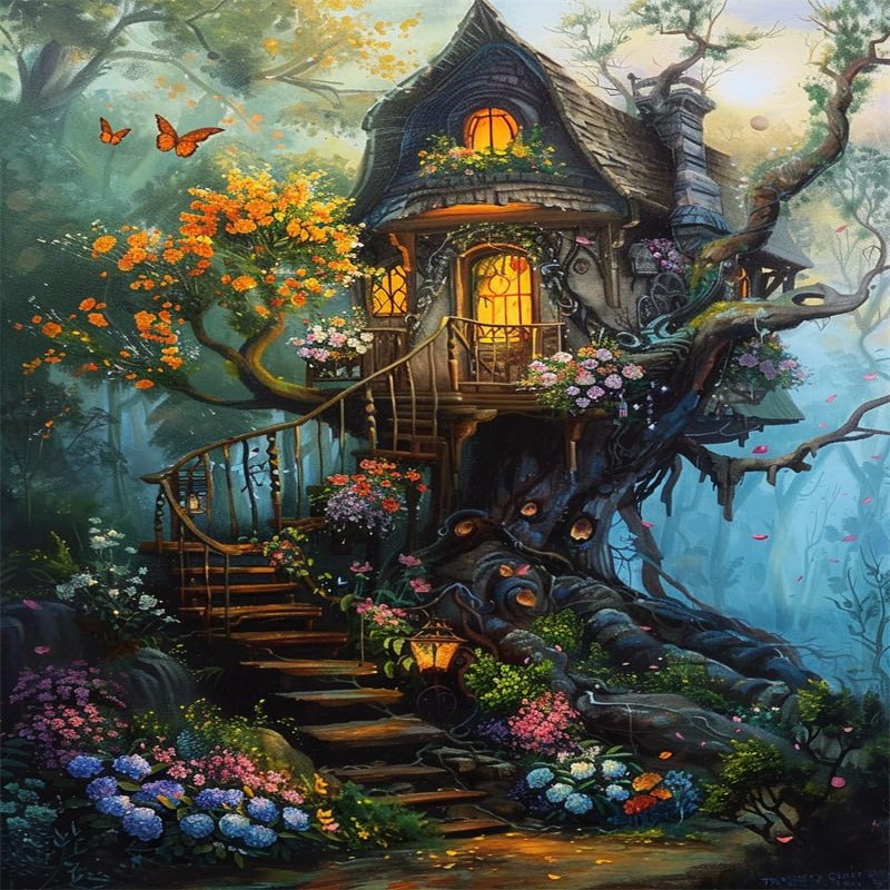 Walluminati Cross Stitch Stamped Kits Full Range of Embroidery Starter Kits for Beginners DIY 11CT Preprinted Cross Stitch Embroidery Patterns Needlepoint Kits(Beautiful Tree House,16x20inch)