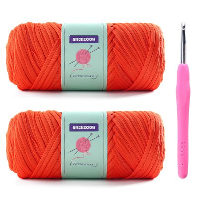 2 Skeins Tshirt Yarn for Crochet,Soft T Shirt Yarn for Crocheting Bag/Basket/Home Decor,Trapillo para Tejer a Crochet Bolsas with 1 Crochet Hook,Each Ribbon Yarn 7oz, 65yds (Orange Red)