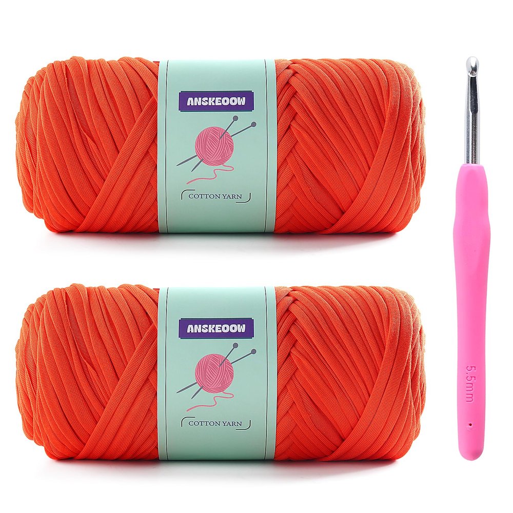 2 Skeins Tshirt Yarn for Crochet,Soft T Shirt Yarn for Crocheting Bag/Basket/Home Decor,Trapillo para Tejer a Crochet Bolsas with 1 Crochet Hook,Each Ribbon Yarn 7oz, 65yds (Orange Red)