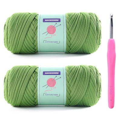 2 Skeins Tshirt Yarn for Crochet,Soft T Shirt Yarn for Crocheting Bag/Basket/Home Decor,Trapillo para Tejer a Crochet Bolsas with 1 Crochet Hook,Each Ribbon Yarn 7oz, 65yds (Autumn Fragrant Green)