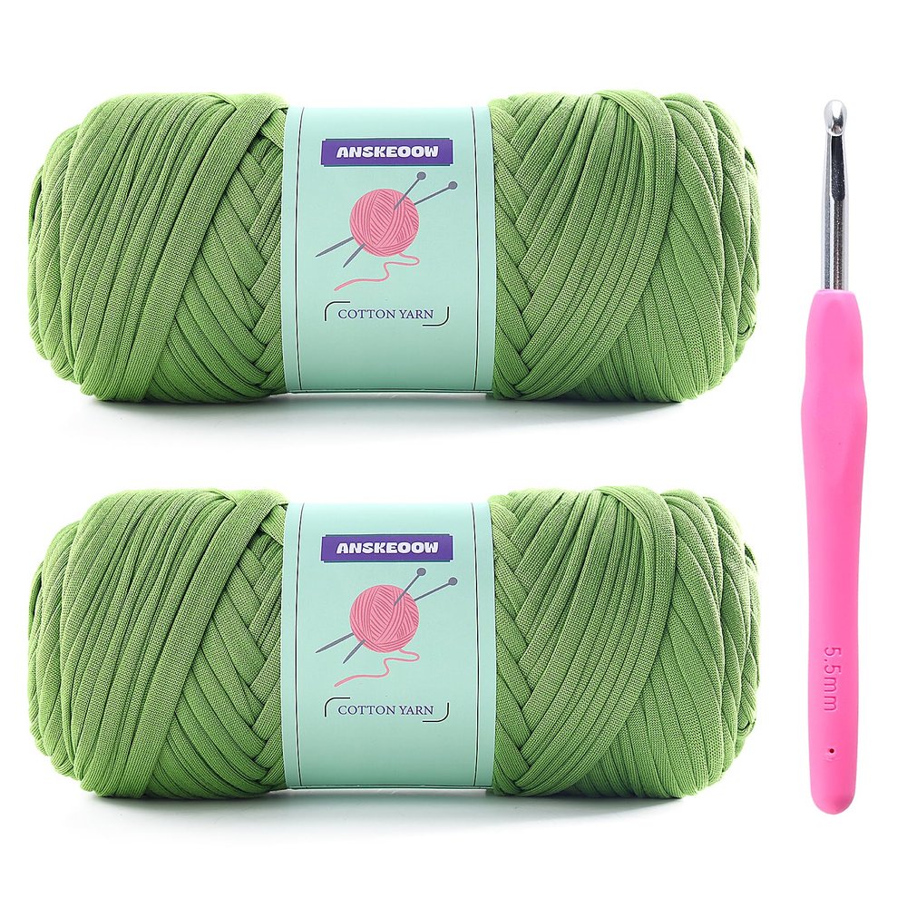 2 Skeins Tshirt Yarn for Crochet,Soft T Shirt Yarn for Crocheting Bag/Basket/Home Decor,Trapillo para Tejer a Crochet Bolsas with 1 Crochet Hook,Each Ribbon Yarn 7oz, 65yds (Autumn Fragrant Green)