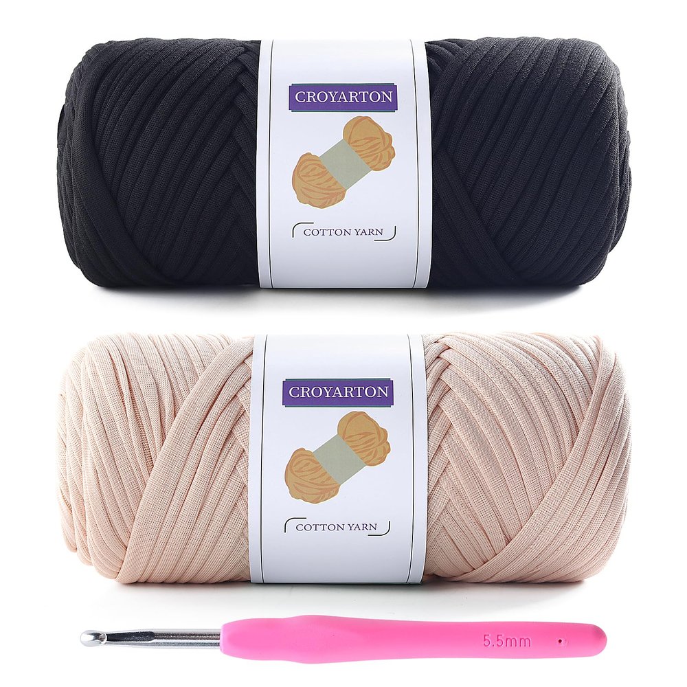 2 Pack T Shirt Yarn for Crocheting with 1 Crochet Hook, Elastic Tshirt Yarn for Crochet Bag/Baskets/Home Decor, Spaghetti Yarn Thick Knitting Yarn Total Length 130 Yds, Weight 14 Oz (Black+Beige)