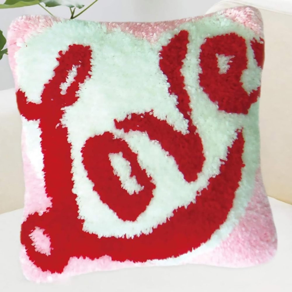 ZFFLYH Latch Hook Kits for Adults DIY Throw Pillow Cover, DIY Crochet Yarn Kits Needlework Crafts Arts with Printed Canvas Home Decor Festival Gift 17X17inch,Love a